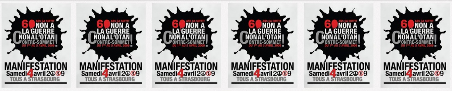 Flera affischer med text: "60 ans ca suffit. Non a la guerre, non a l'Otan Contre-sommet..."